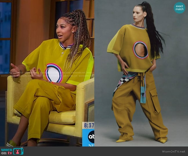 Christopher John Rogers Seaweed Hole Punch Knit T-Shirt worn by Candace Parker on Good Morning America