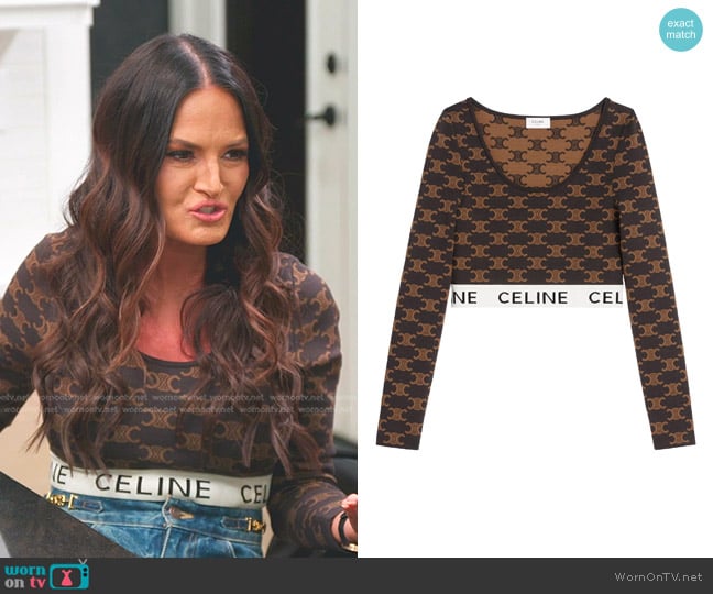 Celine Monogrammed Crop Top in silk cotton worn by Lisa Barlow on The Real Housewives of Salt Lake City