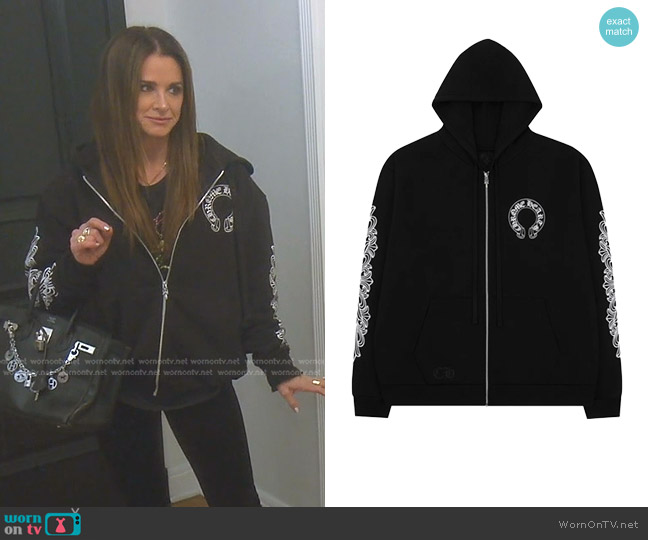 Chrome Hearts Horseshoe Floral Cross-Sleeve Zip Up Hoodie worn by Kyle Richards on The Real Housewives of Beverly Hills