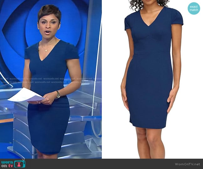 DKNY Pin Tuck Cap Sleeve Sheath Dress in Coastal Blue worn by Jericka Duncan on CBS Evening News