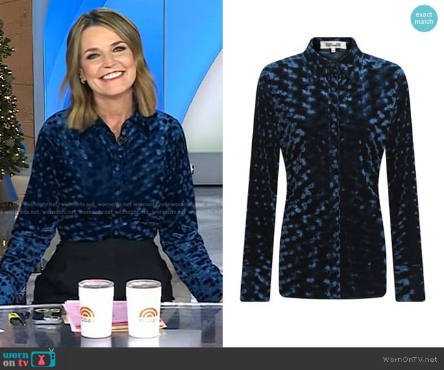 Diane von Furstenberg Soluck Velvet Shirt in Circles Ocean Blue worn by Savannah Guthrie on Today
