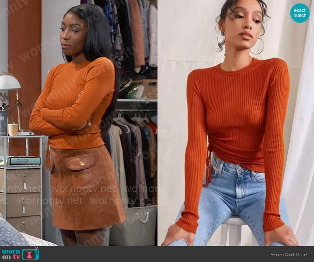 Forever 21 Ribbed Ruched Drawstring Sweater in Ginger worn by Trina Robinson (Tabyana Ali) on General Hospital