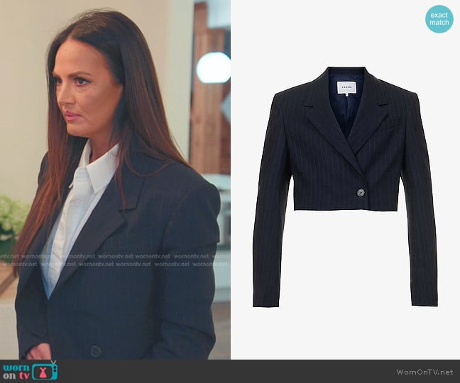 Frame Cropped Pinstriped Blazer in Navy worn by Lisa Barlow on The Real Housewives of Salt Lake City