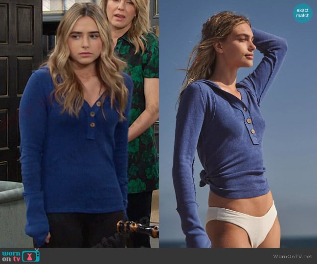 We The Free Adventurer Hoodie Top in Electric Indigo worn by Holly (Ashley Puzemis) on Days of our Lives