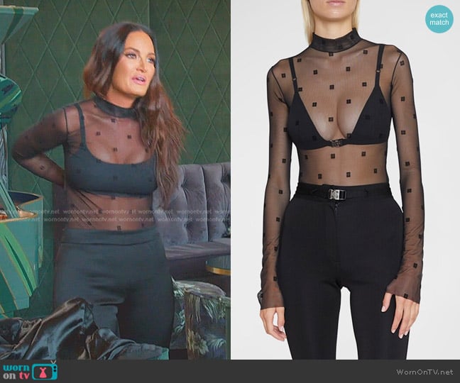Givenchy 4G Jacquard Mock-Neck Sheer Bodysuit worn by Lisa Barlow on The Real Housewives of Salt Lake City