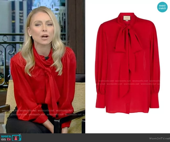 Gucci Tie-Neck Silk Blouse worn by Kelly Ripa on Live with Kelly and Mark