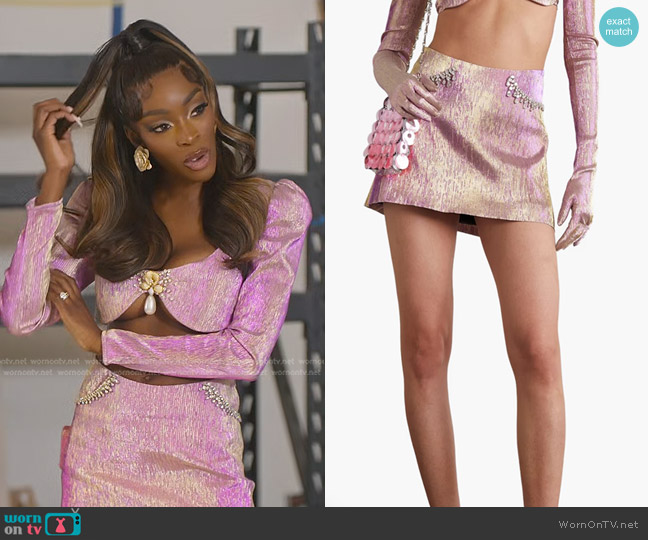 Miss Sohee The Vanguard Crystal-Embellished Lame Mini Skirt worn by Chelsea Lazkani on Selling Sunset