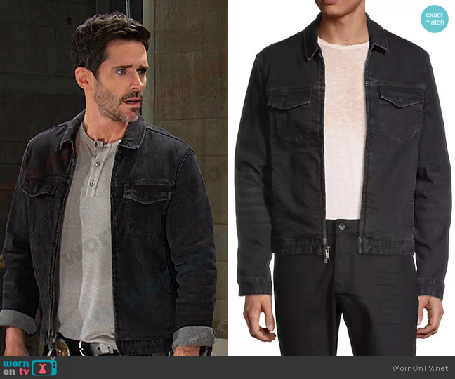John Varvatos Benny Trucker Jacket in Black Sand worn by Shawn Douglas Brady (Brandon Beemer) on Days of our Lives