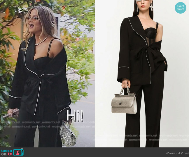 Dolce & Gabbana Kim x Dolce Piped belted-waist shawl jacket worn by Khloe Kardashian (Khloe Kardashian) on The Kardashians