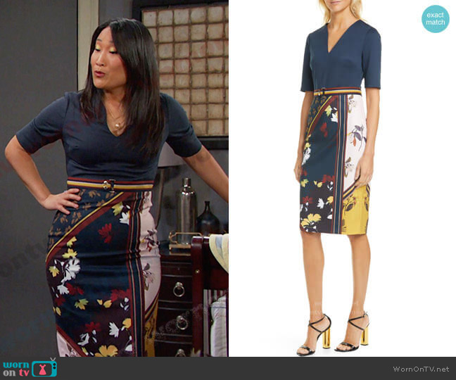 Ted Baker Madiiy Savanna V-Neck Body-Con Dress worn by Melinda Trask (Tina Huang) on Days of our Lives