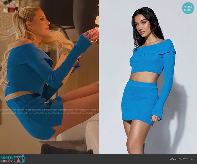 Emma's blue off-shoulder top and mini skirt on Selling WornOnTV
