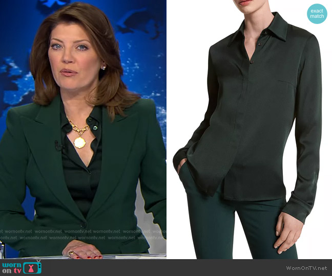 Michael Kors Collection Hansen Charmeuse Shirt in Forest worn by Norah O'Donnell on CBS Evening News