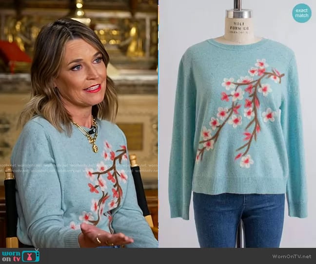 Saccharine Aqua Sprinkle Sweater with Cherry Blossom Motif worn by Savannah Guthrie on Today