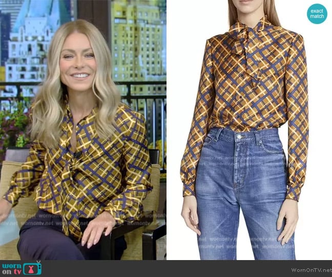 Saint Laurent Retro Diamond-Printed Silk Blouse worn by Kelly Ripa on Live with Kelly and Mark