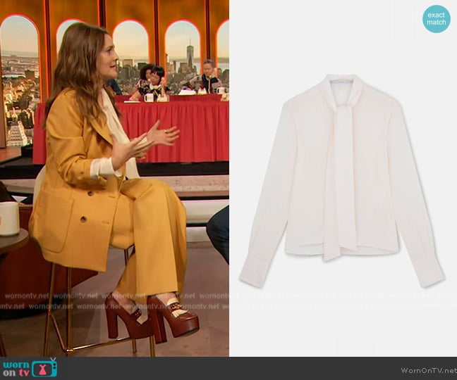 Stella McCartney Silk Crêpe de Chine Pussybow Shirt worn by Drew Barrymore on The Drew Barrymore Show