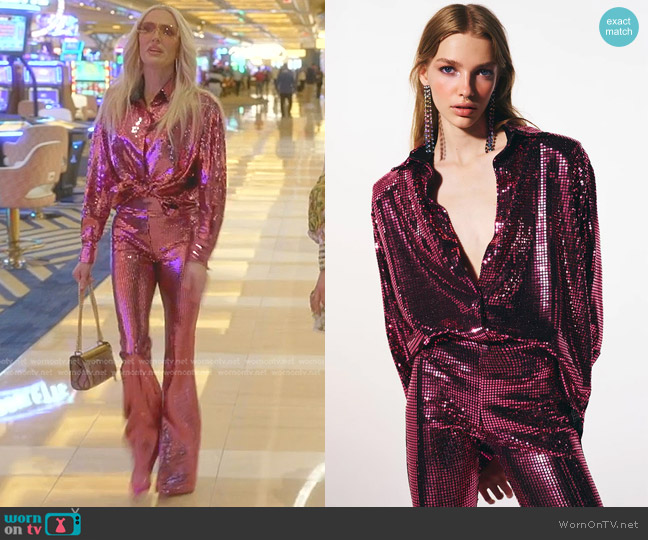 The New Arrivals Ilkyaz Ozel Colette Shirt in Pink Glo worn by Erika Jayne on The Real Housewives of Beverly Hills