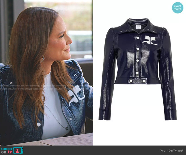 Courreges Textured Vinyl Crop Jacket in Navy worn by Meredith Marks on The Real Housewives of Salt Lake City