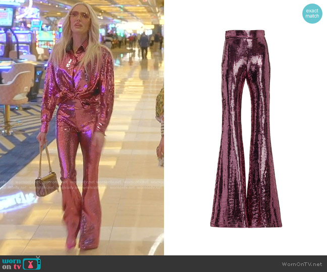 The New Arrivals Ilkyaz Ozel Colette Sequin Flared Pants in Pink Glo worn by Erika Jayne on The Real Housewives of Beverly Hills