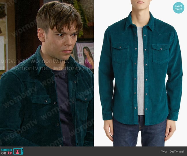 Treasure & Bond Cotton Corduroy Button-Up Western Shirt in Teal Deep worn by R.J. Forrester (Joshua Hoffman) on The Bold and the Beautiful