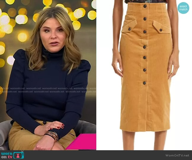 Veronica Beard Barrie Corduroy Midi Skirt in Khaki worn by Jenna Bush Hager on Today