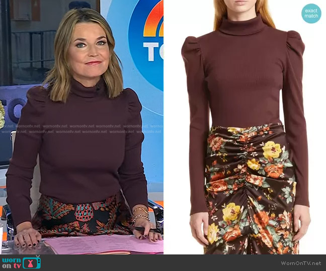 Veronica Beard Cedar Puff Sleeve Turtleneck Rib Top worn by Savannah Guthrie on Today