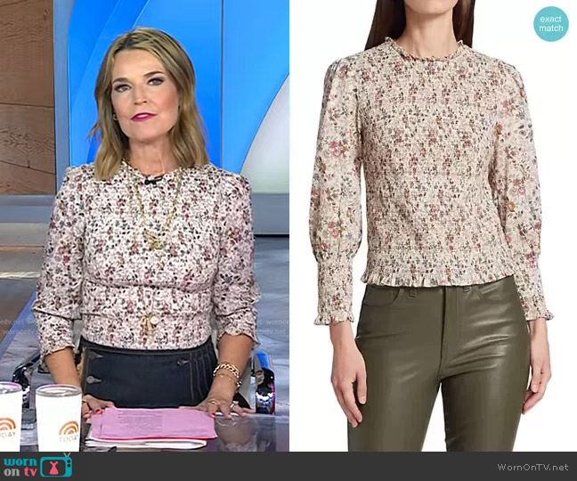 Veronica Beard Kali Floral Smocked Blouse in Ecru Multi worn by Savannah Guthrie on Today