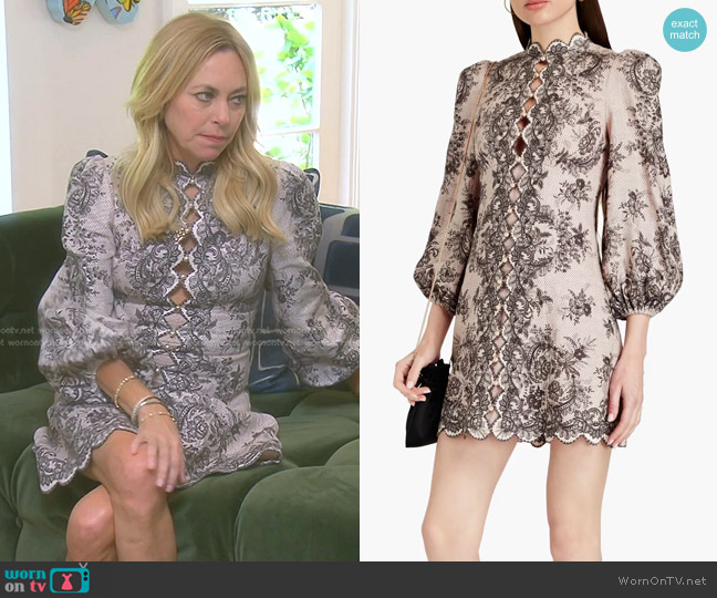 Zimmermann Dancer Scalloped Printed Linen Mini Dress in Multi worn by Sutton Stracke on The Real Housewives of Beverly Hills