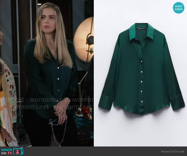 Zara Flowy Satin Effect Shirt in Bottle Green worn by Sasha Gilmore (Sofia Mattsson) on General Hospital