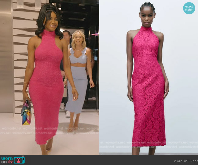 Zara Lace Halter Dress in Fuchsia worn by Guerdy Abraira (Guerdy Abraira) on The Real Housewives of Miami