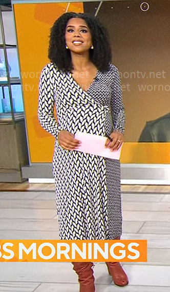 Adriana Diaz’s mixed print maternity wrap dress on CBS Mornings