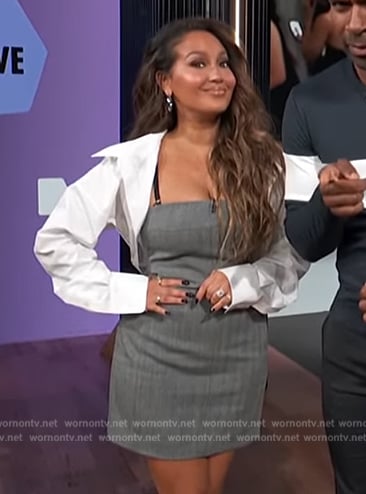 Adrienne’s gray mini dress and overshirt on E! News