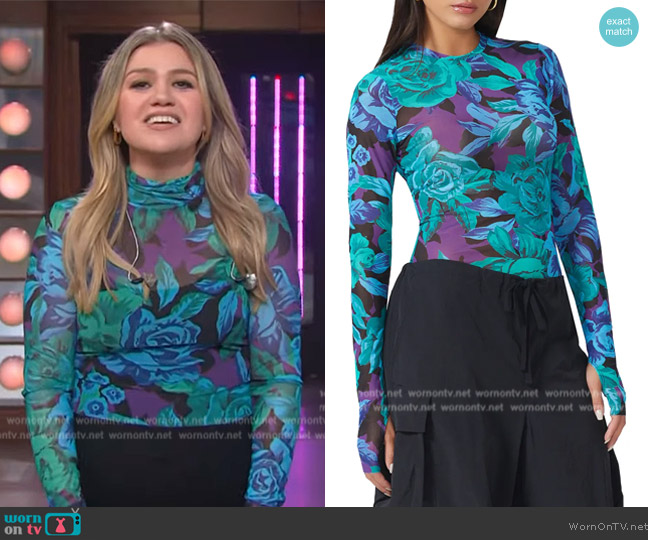 AFRM Kaylee Crewneck Mesh Top worn by Kelly Clarkson on The Kelly Clarkson Show