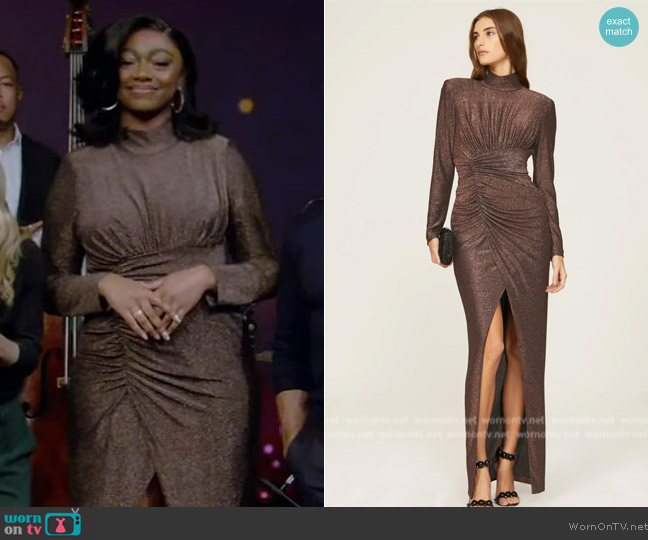 Aidan Aidan Mattox Brown Shimmer Gown worn by Samara Joy on Live with Kelly and Mark