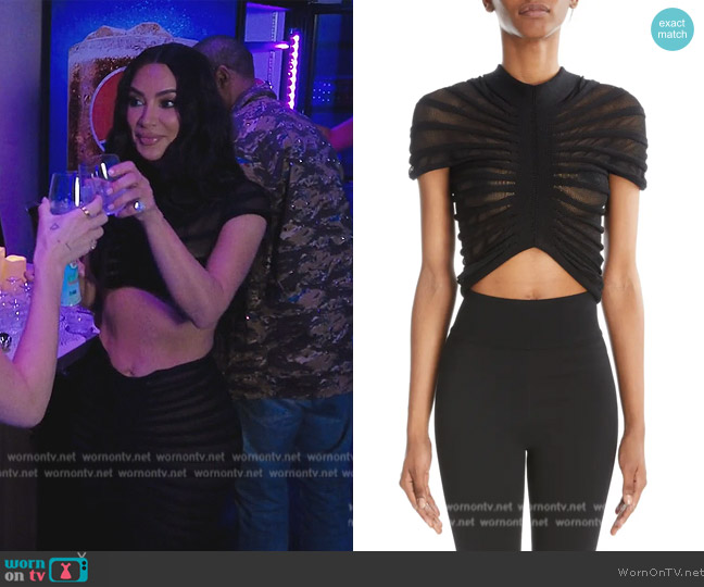 Alaia Semisheer Ruched Knit Mesh Crop Top worn by Kim Kardashian (Kim Kardashian) on The Kardashians