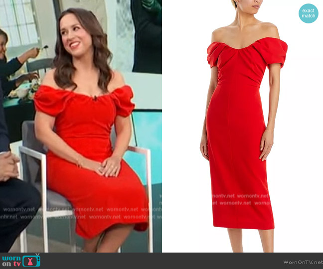 A.L.C. Nora Off the Shoulder Sheath Dress worn by Lacey Chabert on Access Hollywood