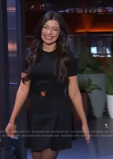 Alex Aster’s black belted mini dress on The Kelly Clarkson Show