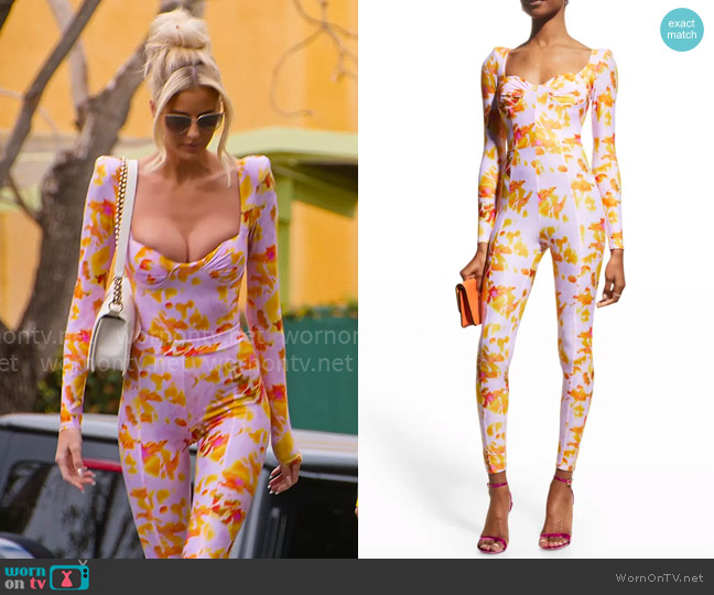 Alex Perry Lanson Printed Sweetheart Catsuit worn by Emma Hernan on Selling Sunset