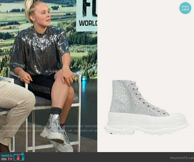 Alexander McQueen Tread Slick high-top sneakers worn by Jojo Siwa on Access Hollywood
