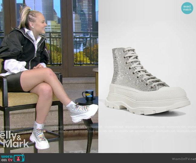 Alexander McQueen Crystal-Embellished Leather Tread Slick Boots worn by JoJo Siwa on Live with Kelly and Mark