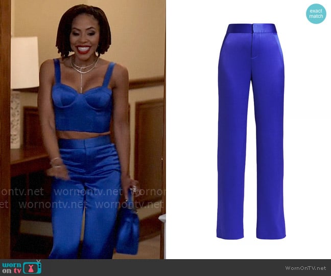 Alice + Olivia Deanna Satin Straight-Leg Pants worn by Andrea Barnes (Kj Smith) on Tyler Perrys Sistas