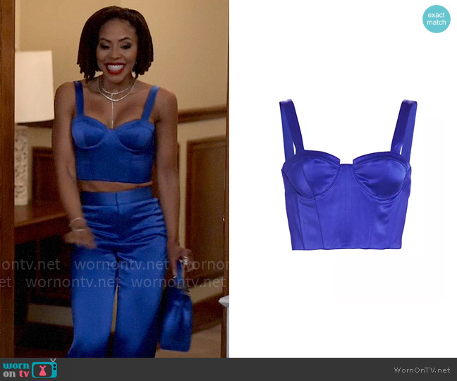 Alice + Olivia Jeanna Satin Bustier Crop Top worn by Andrea Barnes (Kj Smith) on Tyler Perrys Sistas