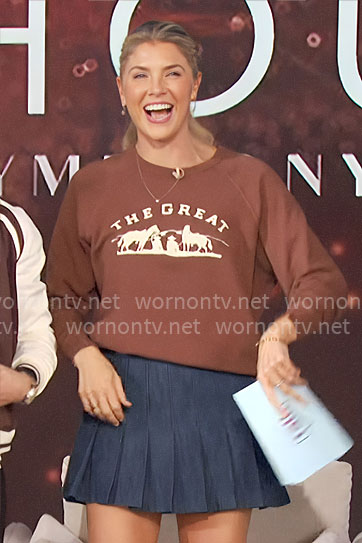 Amanda’s brown THE GREAT sweatshirt and pleated denim skirt on The Talk