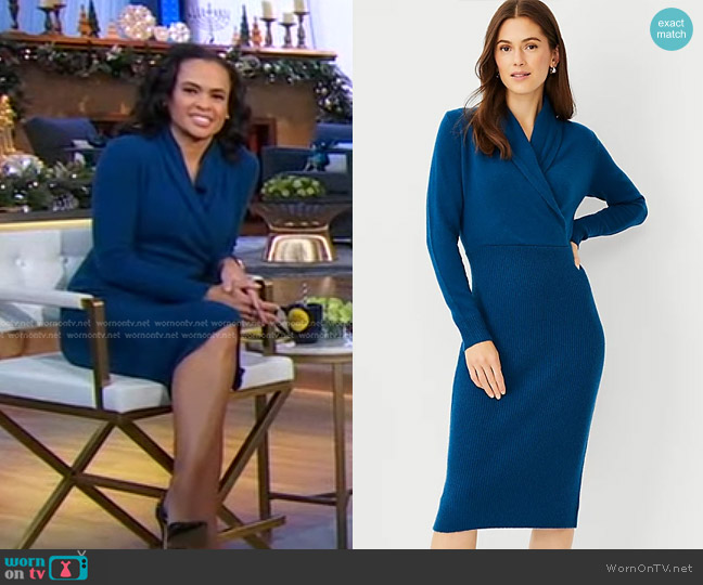 Ann Taylor Cashmere Shawl Collar Wrap Sweater Dress in Sea Strom worn by Linsey Davis on Good Morning America