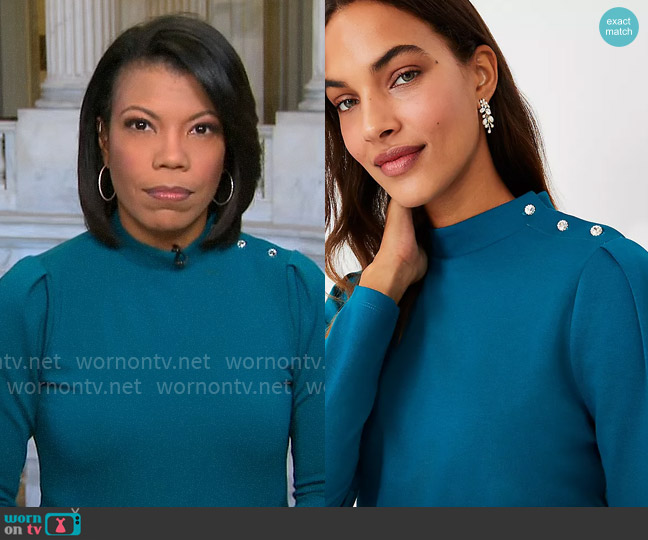 Ann Taylor Crystal Shoulder Button Mock Neck Top worn by Nikole Killion on CBS Mornings