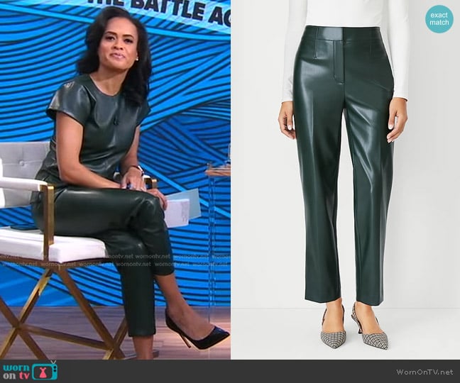 Ann Taylor The Lana Slim Pant in Faux Leather in Boxwood Green worn by Linsey Davis on Good Morning America