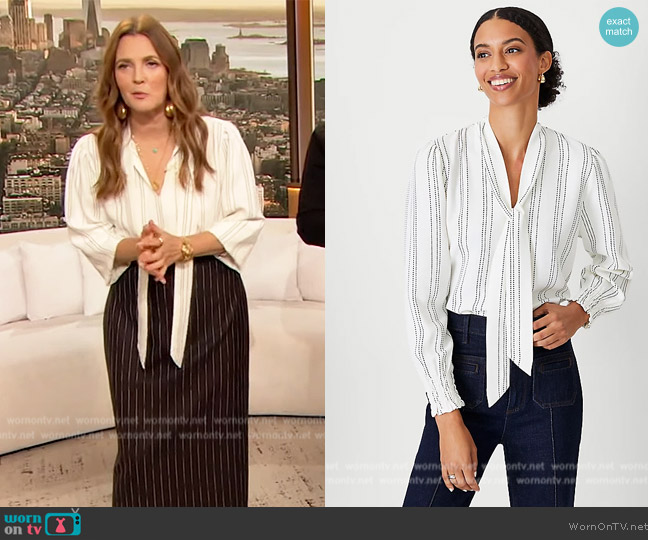 Ann Taylor Dot Stripe Mixed Media Tie Neck Blouse worn by Drew Barrymore on The Drew Barrymore Show