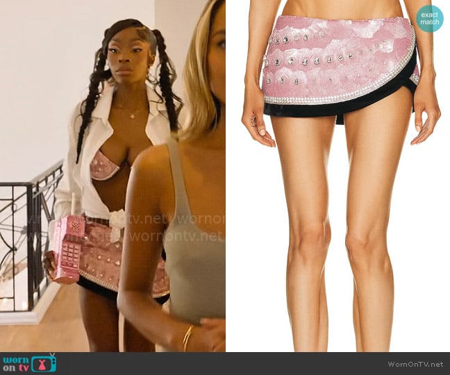 Area Embroidered Crystal Pailette Watermelon Skirt worn by Chelsea Lazkani on Selling Sunset