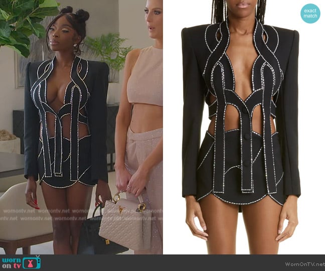 Area Crystal Rope Crop Stretch Wool Blazer worn by Chelsea Lazkani on Selling Sunset