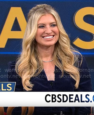 Ashley Bellman’s navy blue corduroy button front dress on CBS Mornings