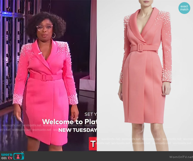 Badgley Mischka Embellished Long-Sleeve Scuba Coat Dress worn by Jennifer Hudson on The Jennifer Hudson Show